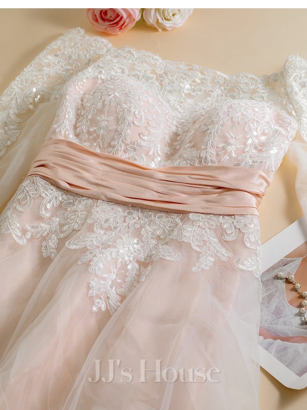JJs House Blush Off-Shoulder Lace High-Low Gown - Picture 9 of 13